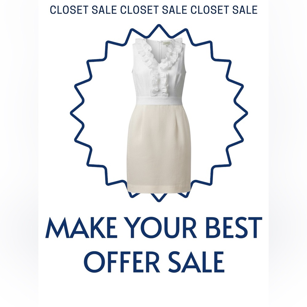 Ann Taylor Loft White and Gold Knee Length Dress w/ Ruffled Neckline & Pockets